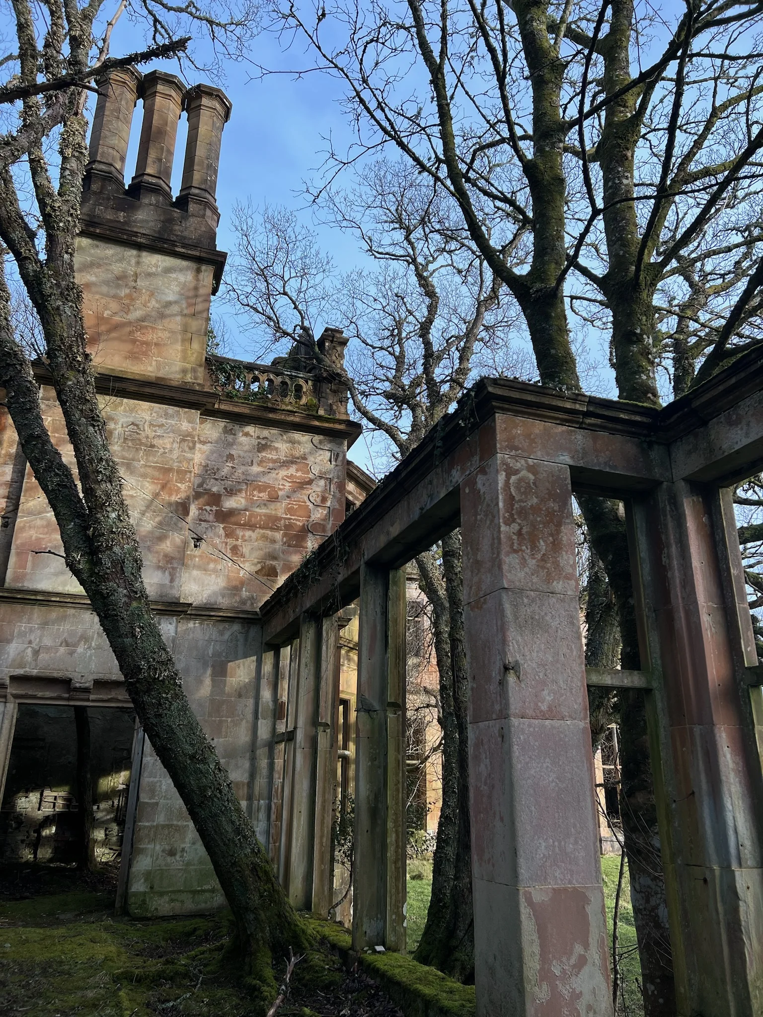 Looking up through the missing roof at Poltalloch House